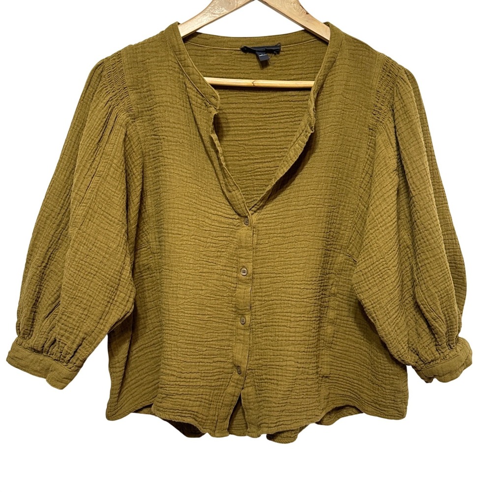 Anthropologie Grade & Gather Blouse Women M Yellow Cotton Double Gauze Button Up